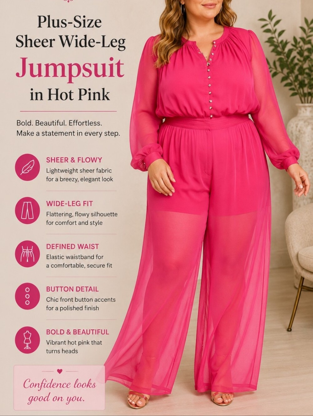 Plus-Size Sheer Wide-Leg Jumpsuit in Hot Pink